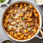 Close-up of creamy pasta shells with ground beef and parmesan, garnished with fresh parsley in a skillet.
