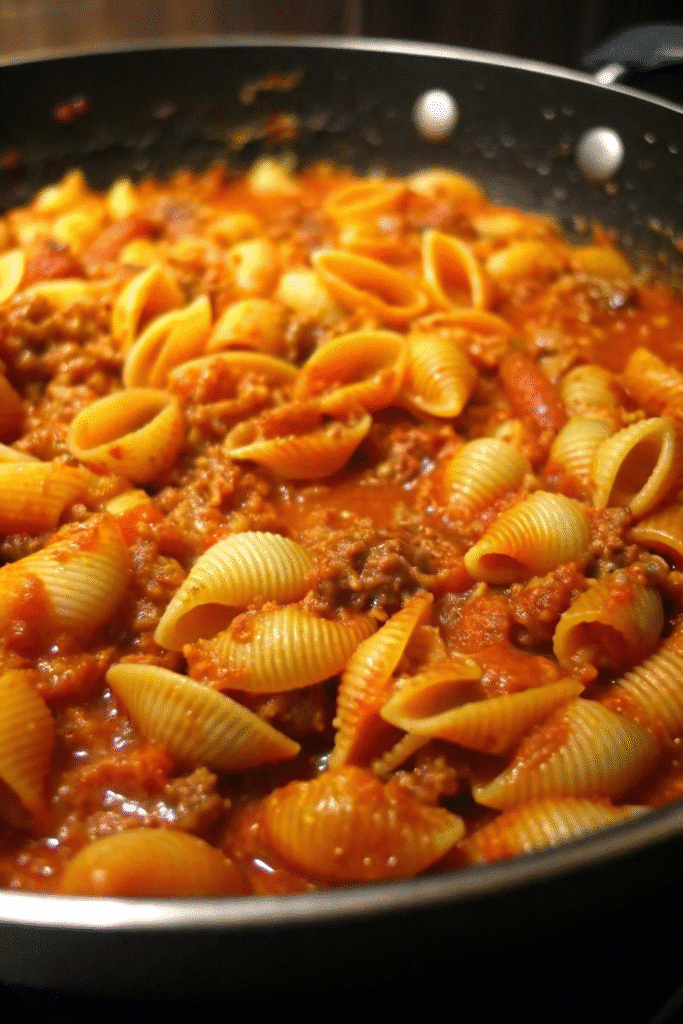 Creamy Shells and Beef served in a bowl, showing tender pasta coated in a silky beef and cream sauce.
