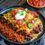 A baking dish filled with golden, cheesy One Pan Cheesy Ground Beef Enchiladas, topped with melted cheese and garnished with fresh cilantro.