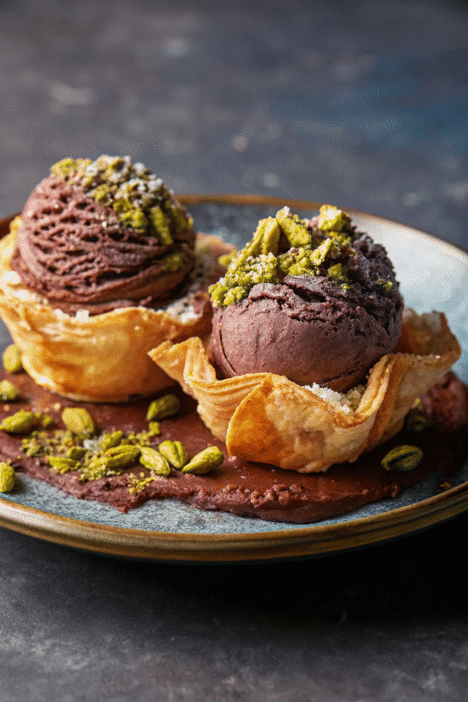 Dubai Chocolate Pistachio Ice Cream Recipe 3 Close-up of Dubai Chocolate Pistachio Ice Cream in a scoop with chocolate glaze