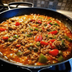 One Pot Stuffed Pepper Casserole with ground beef, rice, bell peppers, and melted cheese in a skillet
