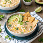 A bowl of creamy Crock Pot White Chicken Chili topped with shredded Monterey Jack cheese, fresh cilantro, and lime wedges.