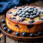 A freshly baked One Bowl Lemon Blueberry Cake in a loaf pan, topped with juicy blueberries and a golden crust.
