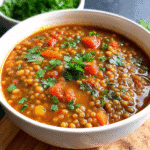 Bowl of One Pot Vegan Mediterranean Lentil Soup garnished with fresh parsley, showing vibrant lentils, spinach, and vegetables.