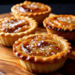 Freshly baked One Pot Mini Salted Maple Pies in a muffin tin with a sprinkle of flaky sea salt.