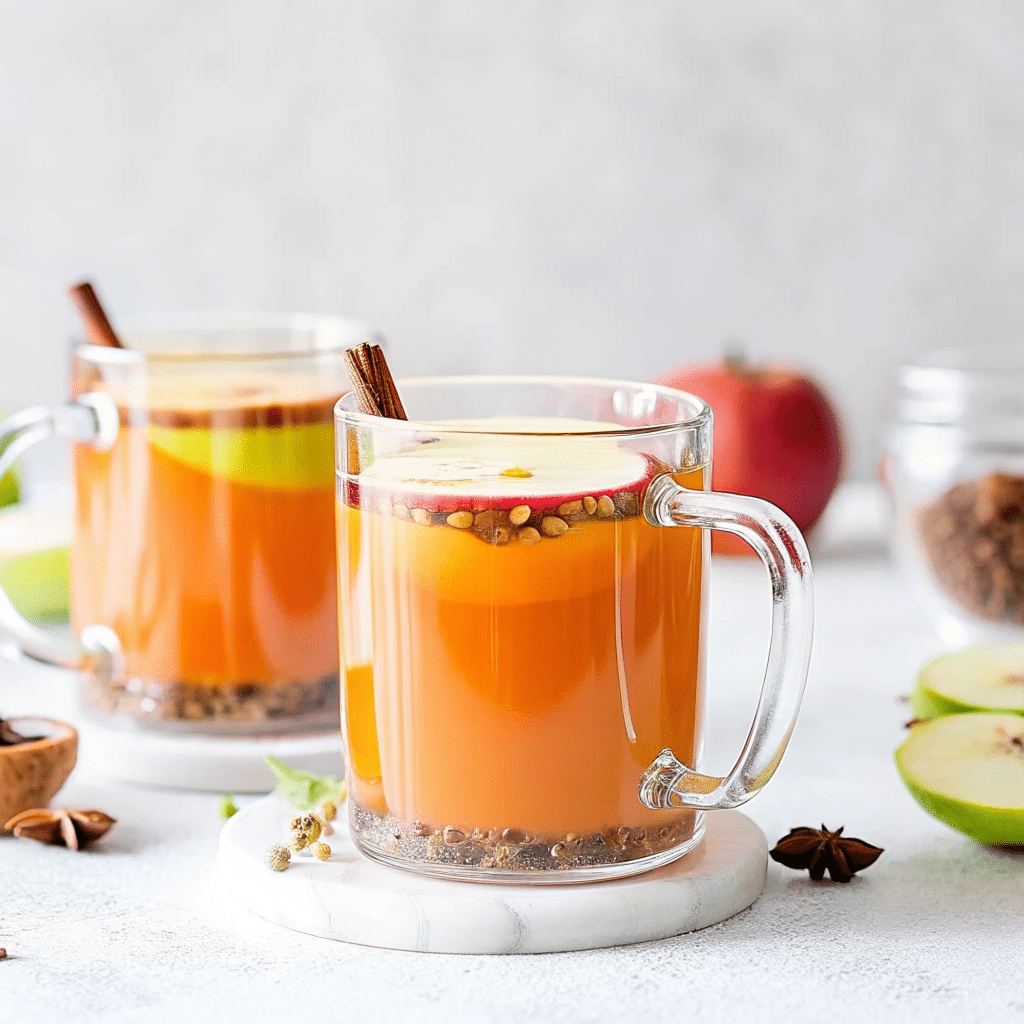 A warm cup of apple peel tea with cinnamon sticks and cloves on a wooden table.