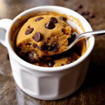 Pumpkin Chocolate Chip Mug Cake fresh out of the microwave in a white mug, topped with melted chocolate chips and ready to enjoy.