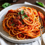 One Pot Spaghetti with Marinara served in a skillet with fresh basil on top