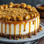Slice of One Pot Lotus Biscoff Cheesecake with drizzle and whipped cream.
