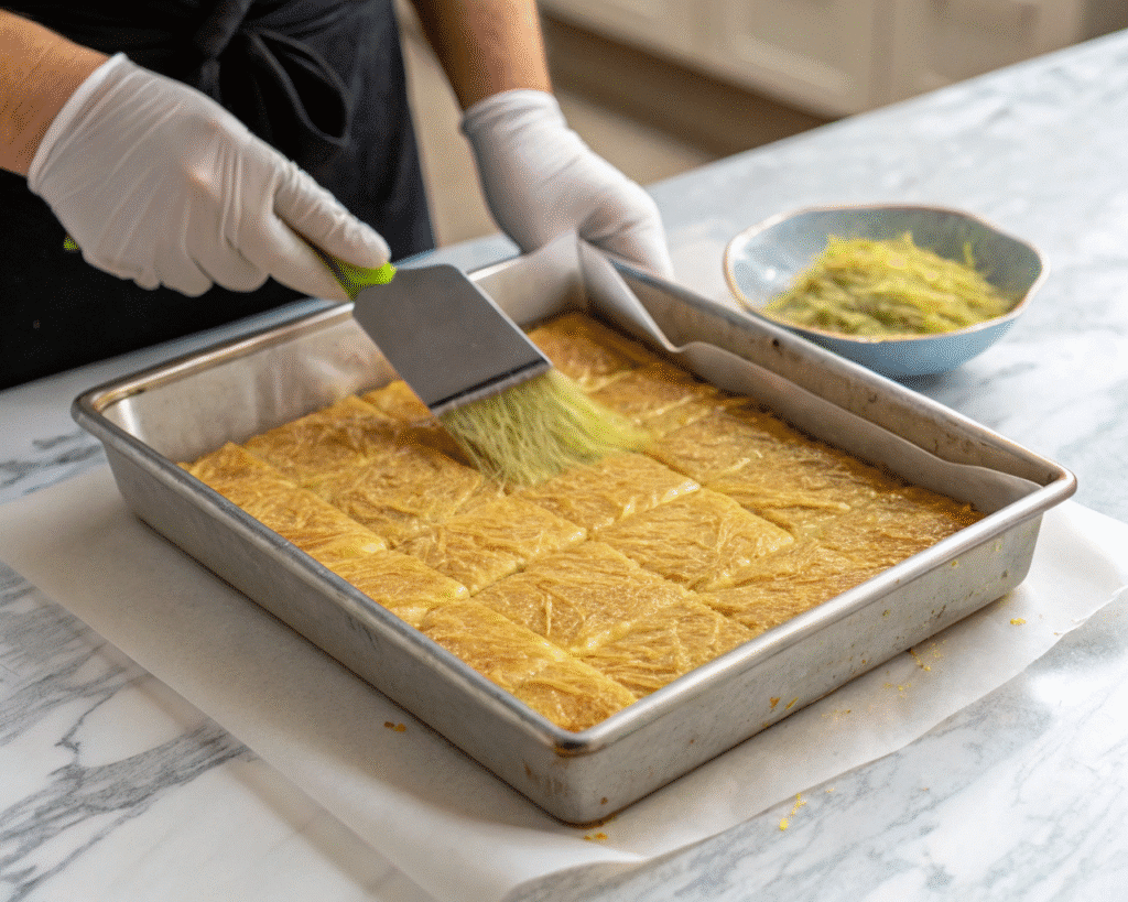square metal baking pan on a marble counter lined