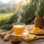A steaming cup of Costa Rican tea with fresh ginger, turmeric, pineapple, and a lemon slice garnish.