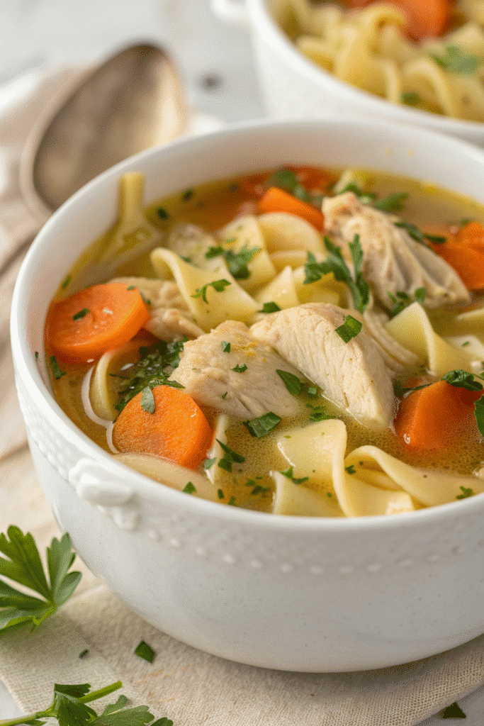 Homemade One Pot Chicken Noodle Soup served with parsley garnish