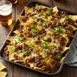 Sheet Pan Beef Nachos loaded with melted cheddar, seasoned ground beef, jalapeños, tomatoes, and avocado on a baking sheet.