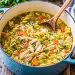 Bowl of steaming One Pot Chicken Noodle Soup with chicken, noodles, and fresh vegetables