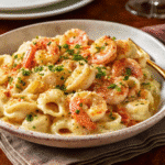 A creamy plate of Trader Joe’s Lobster Bisque Pasta topped with golden brown butter breadcrumbs and fresh parsley.