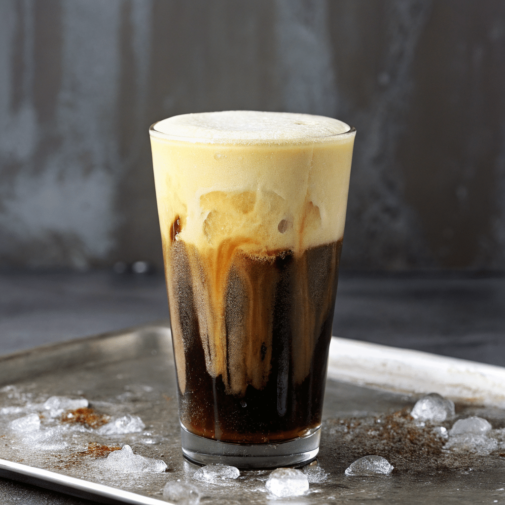 Glass of Pumpkin Cream Cold Brew with swirled pumpkin cream topping over ice