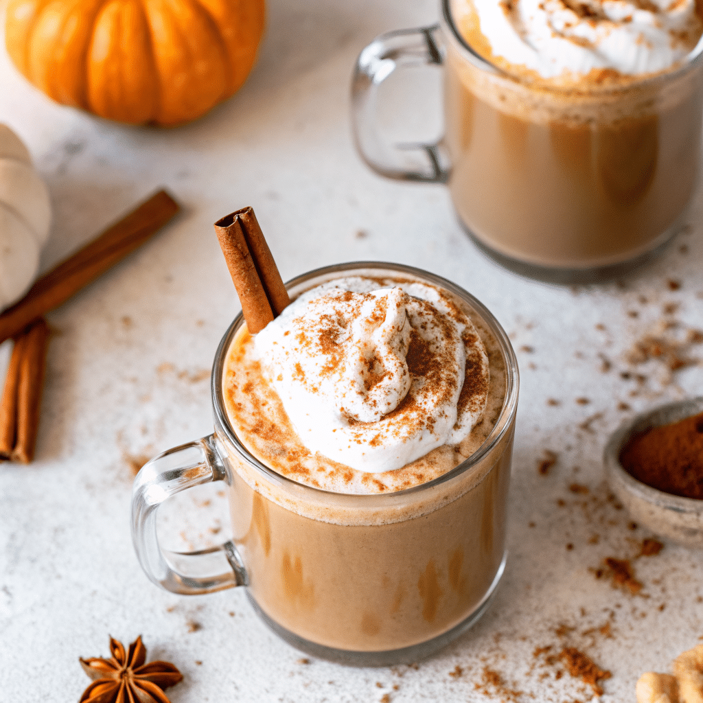 A steaming cup of Homemade Pumpkin Spice Latte topped with whipped cream and a sprinkle of pumpkin pie spice.