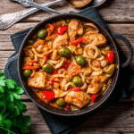 Slow cooker filled with tender Mediterranean chicken, olives, roasted red peppers, and aromatic herbs.