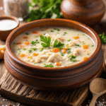 Bowl of homemade Turkey and Rice Soup with shredded turkey, vegetables, and rice, ready to serve.