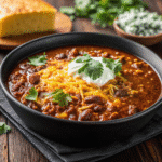 Hearty bowl of One Pot Chili Recipe with ground beef, beans, and tomatoes, topped with cheddar and sour cream