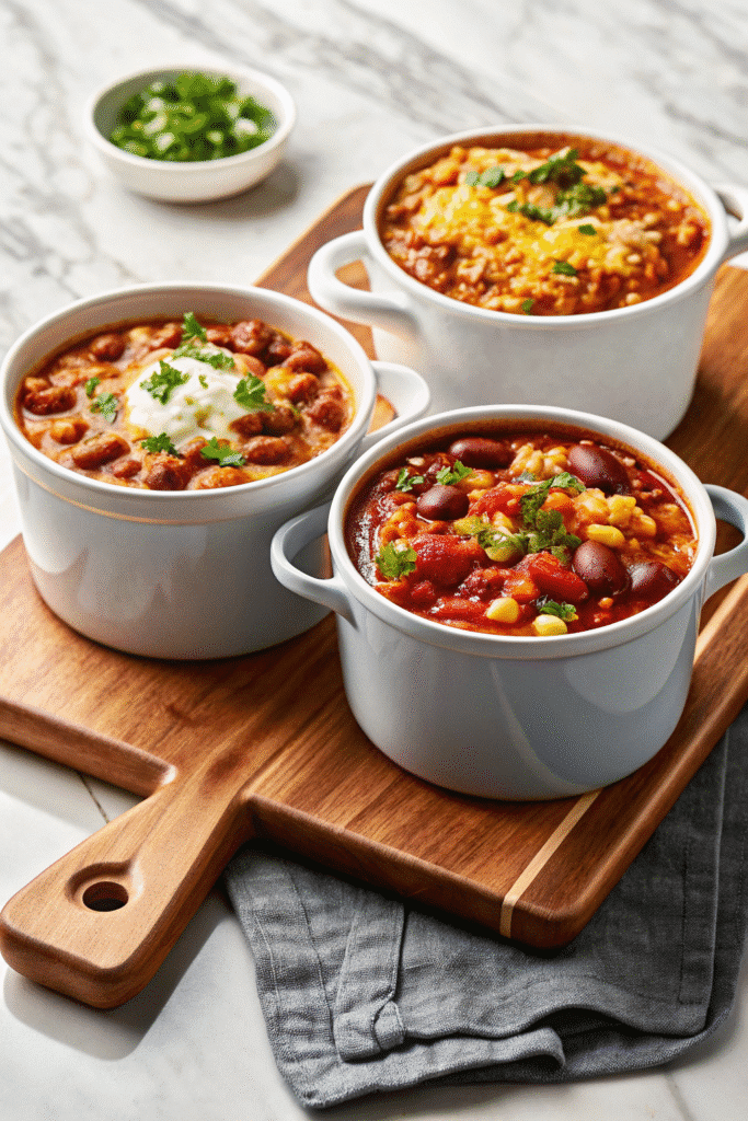 Close-up of steaming One Pot Chili Recipe in a bowl, garnished with green onions and shredded cheese