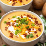 Bowl of Slow Cooker Loaded Baked Potato Soup topped with bacon, cheddar, and green onions