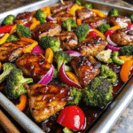 Sheet Pan Teriyaki Chicken With Vegetables served on a baking tray with glossy teriyaki glaze and colorful roasted vegetables.