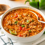 Bowl of High Protein Stuffed Pepper Soup with ground turkey, bell peppers, and beans.