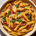 A plate of creamy Marry Me Chicken Pasta with tender chicken chunks, penne pasta, sun-dried tomatoes, and fresh spinach.
