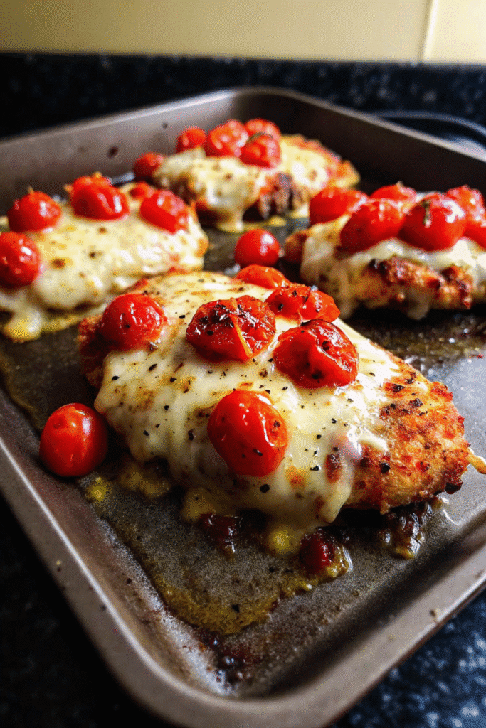 Crispy Sheet Pan Chicken Parmesan fresh from the oven