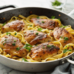 Golden-brown chicken breasts served over buttery egg noodles, garnished with fresh parsley in a one-pan meal.