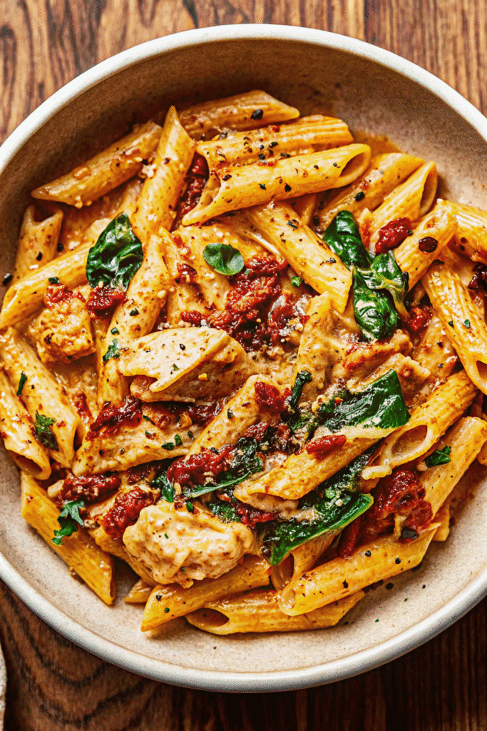 Close-up of Marry Me Chicken Pasta, showcasing golden seared chicken in a rich Parmesan cream sauce