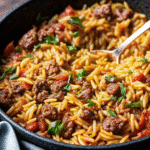 One Pot Ground Beef and Orzo served in a bowl, garnished with Parmesan cheese and fresh parsley.