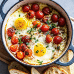 Baked Feta Eggs with cherry tomatoes and fresh herbs in a small baking dish.