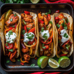 Sheet Pan Chicken Fajitas with colorful bell peppers and red onions, freshly roasted and ready to serve with tortillas.