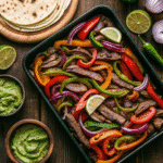 Colorful sheet pan beef fajitas with sliced bell peppers, onions, and tender steak ready to serve with tortillas.