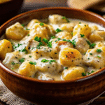 Creamy Crack Chicken Gnocchi served in a skillet, showcasing tender chicken and pillowy gnocchi in a rich, cheesy sauce.