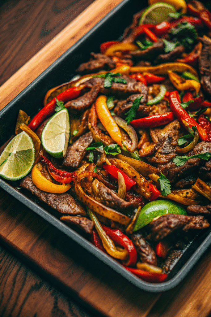 Oven-roasted beef fajitas on a sheet pan with red, yellow, and green bell peppers, served with tortillas and toppings.