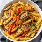 Creamy Dairy Free Cajun Chicken Pasta with colorful bell peppers and tender chicken in a coconut milk sauce