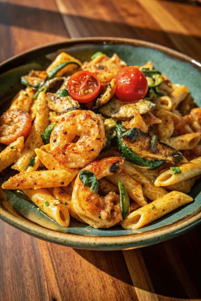 One-pan Dairy Free Cajun Chicken Pasta served hot with fresh parsley garnish