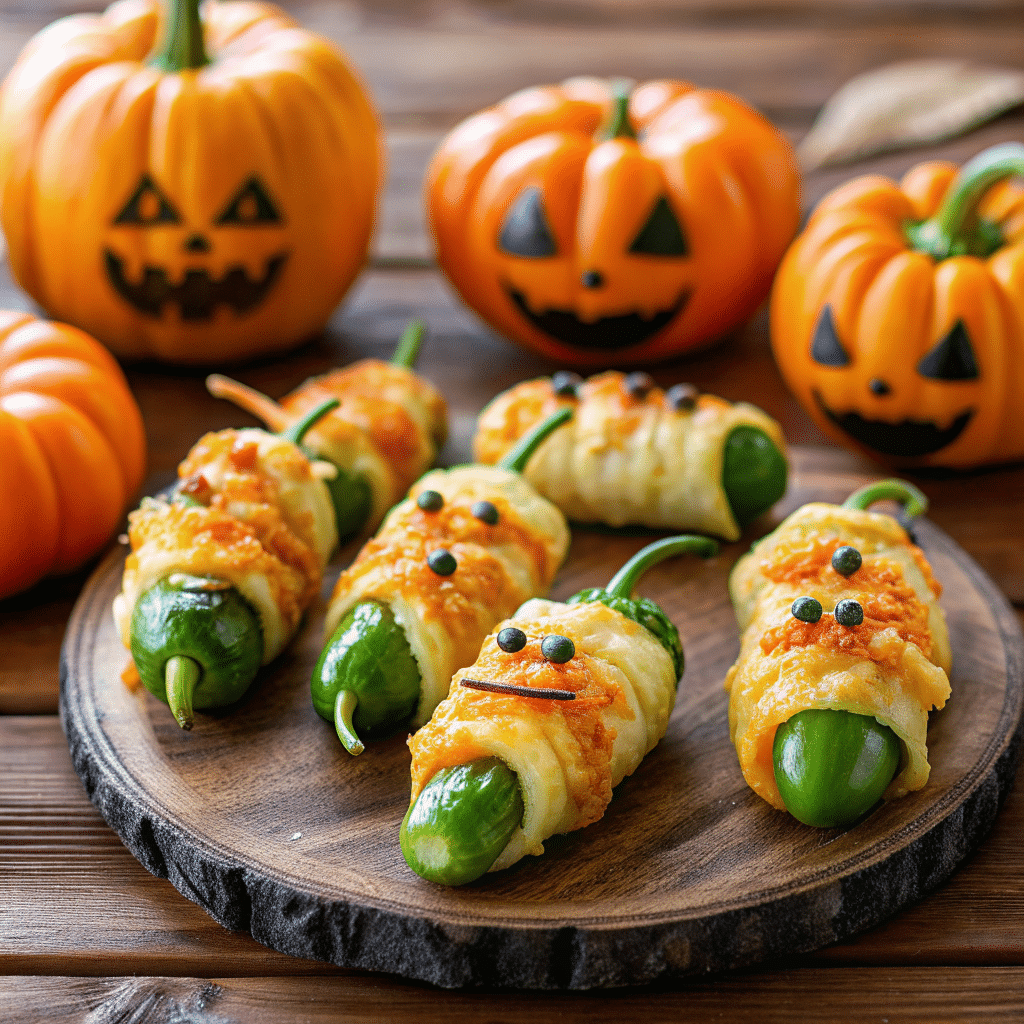 Golden baked Mummy Jalapeño Poppers on a parchment-lined tray, stuffed with creamy cheese and decorated with candy eyes.