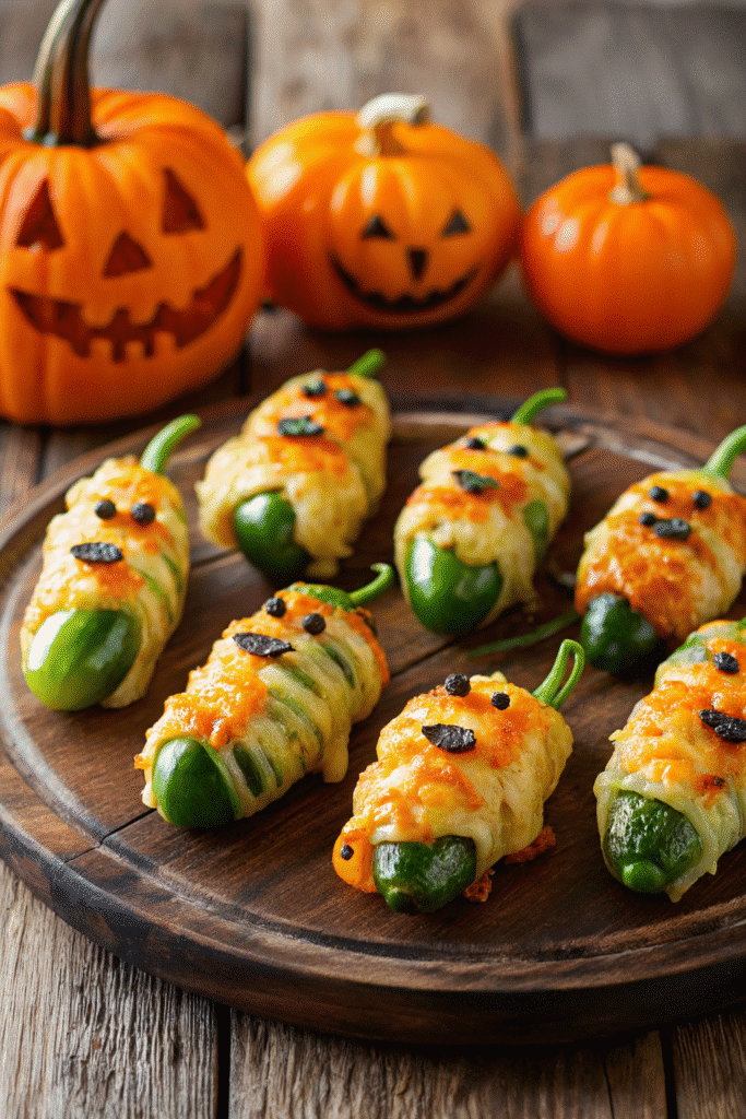Close-up of cheesy Mummy Jalapeño Poppers with flaky crescent dough and candy eyes, ready to serve as a festive appetizer.