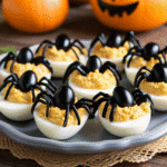 Platter of Spooky Deviled Eggs decorated with black olive spiders and red-tinted yolks for Halloween.