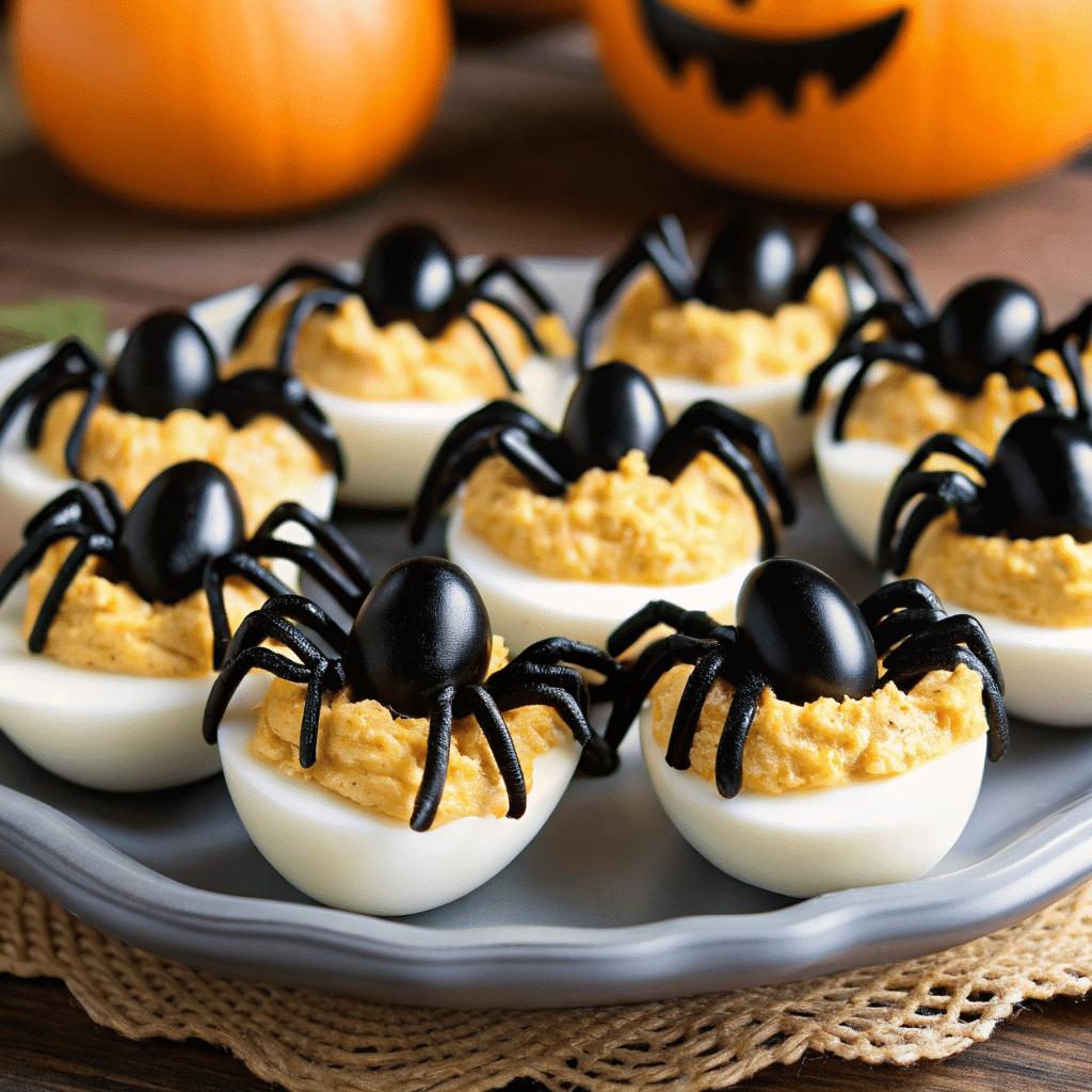 Platter of Spooky Deviled Eggs decorated with black olive spiders and red-tinted yolks for Halloween.