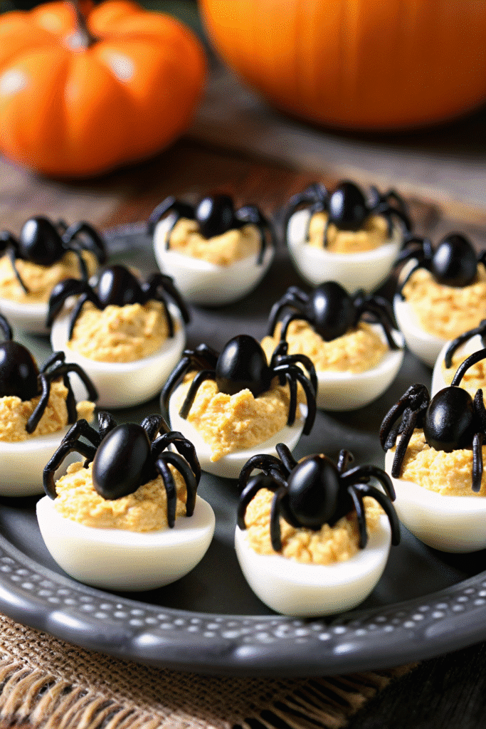 Close-up of Spooky Deviled Eggs with creamy filling, paprika, and eerie red accents, garnished with olive eyes.