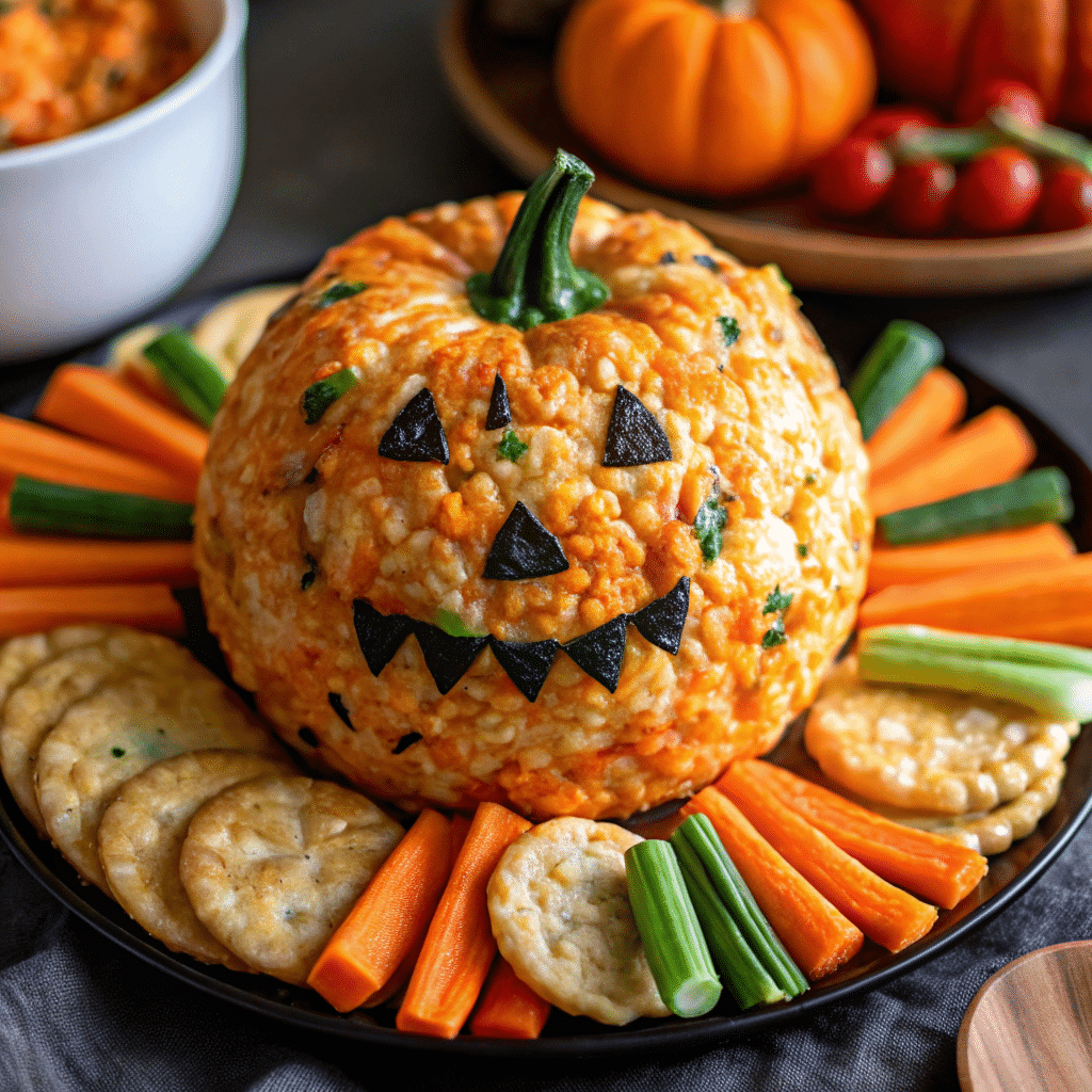 Festive Pumpkin Cheese Ball coated in crushed nacho chips with a green bell pepper stem, served with crackers and veggie sticks on a platter.