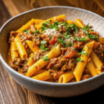 One Pot Creamy Tomato Beef Pasta served in a bowl with fresh parsley on top