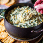 Slow Cooker Spinach Artichoke Dip served warm with crackers