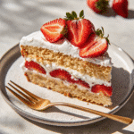 One Bowl Strawberry Shortcake with fresh strawberries and whipped cream on a plate