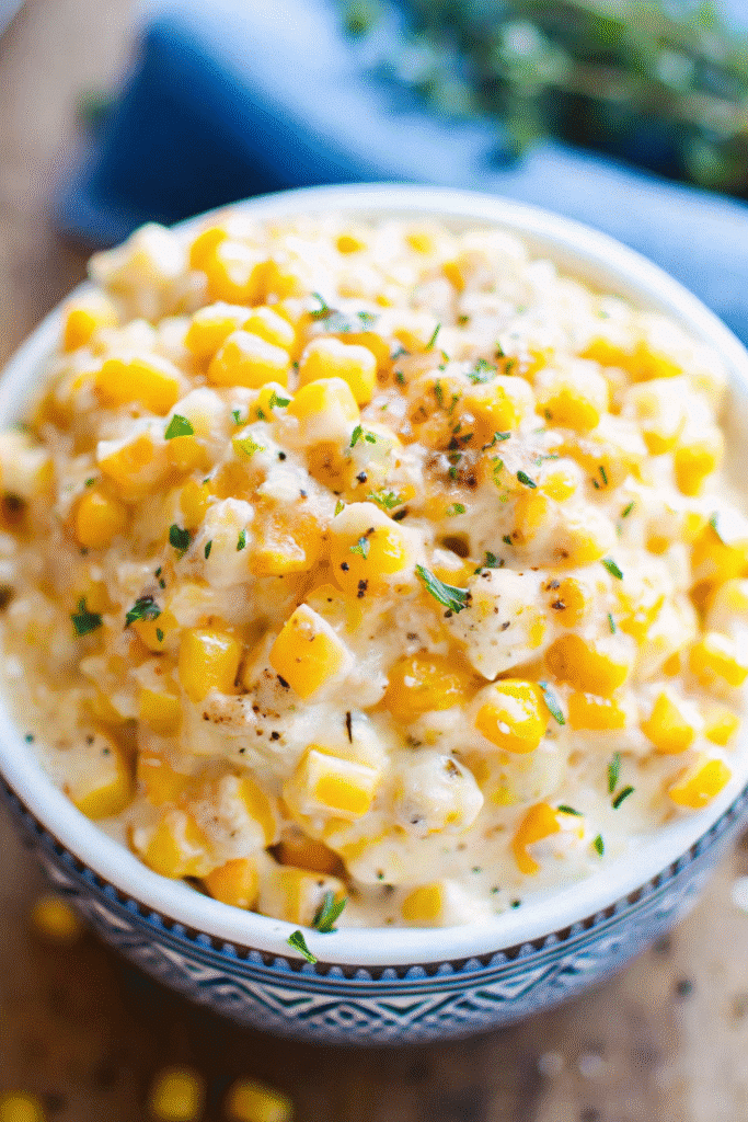 Close-up of Crock Pot Creamed Corn with melted butter and cream cheese